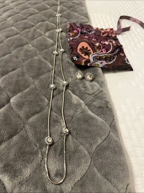 Brighton original Silver Floral rinestone Long Necklace with Matching Earrings -
